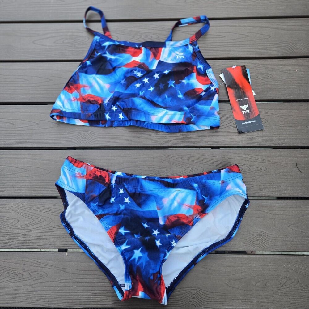 TYR Womens  Durafast Launch It USA Diamondback Workout Bikini Set Size L NEW